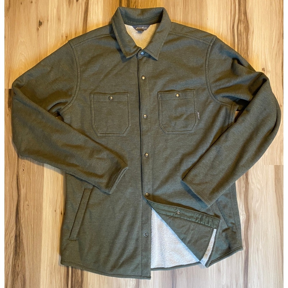 Eddie Bauer Mens Sherpa Lined Waffle Knit Shirt Jacket Olive Green Shacket TL